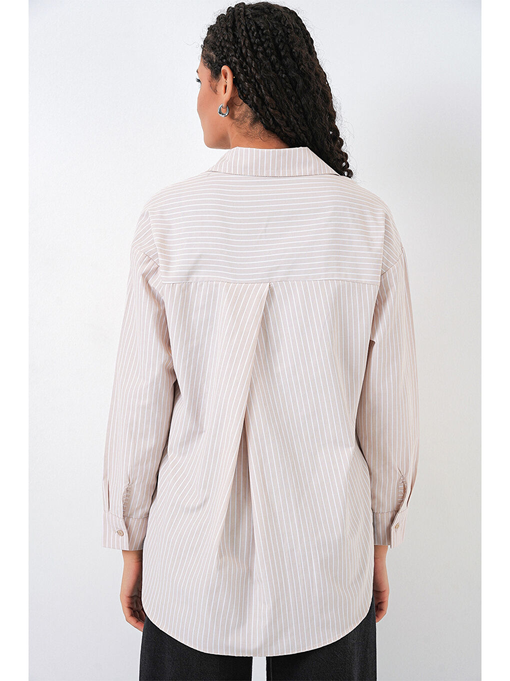 Ekru 20205 Çizgili Oversize Gömlek - Krem-7