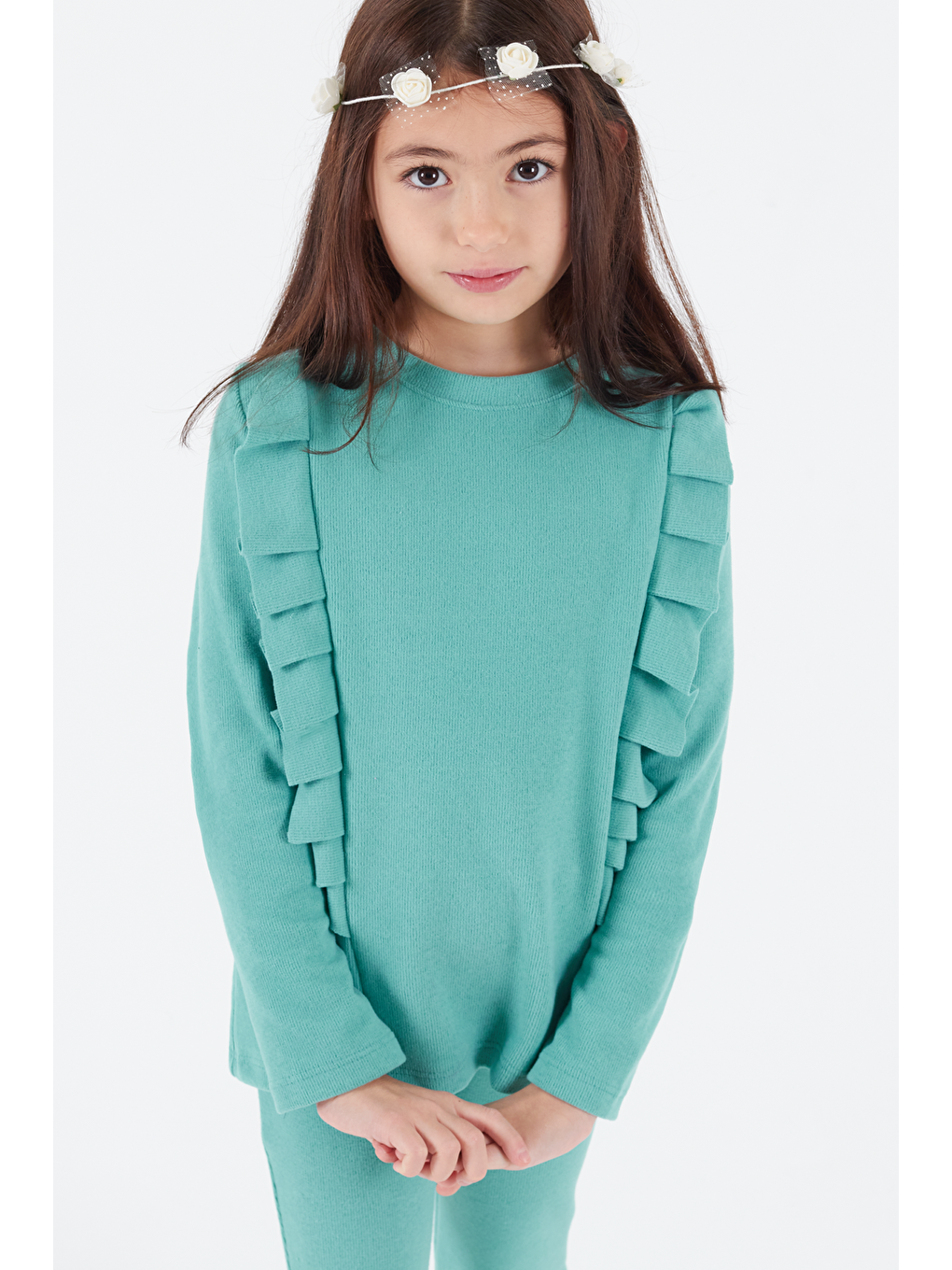 Yeşil Kız Çocuk İspanyol Paça Fırfırlı Takım 14637-2