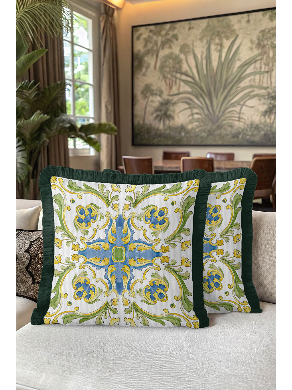 Karışık Barok Saray Stil Saçaklı Yastık Kılıfı - Lüks Akdeniz Klasik Mavi Altın Renk Püsküllü Kırlent Kılıfı-5