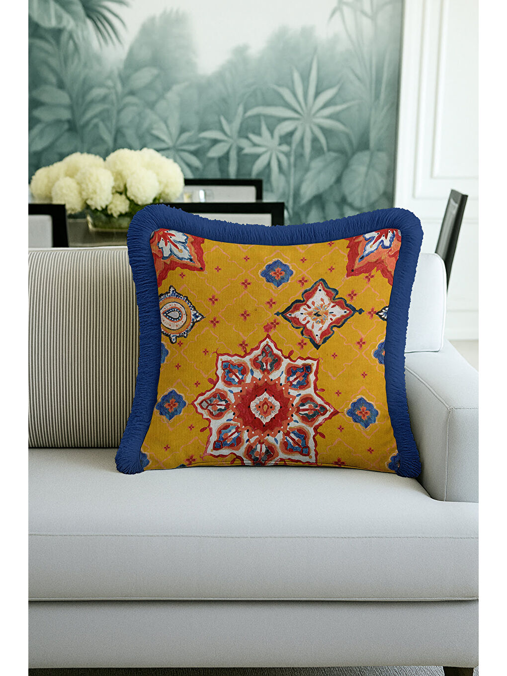 Karışık Oriental Mandala Motif Saçaklı Yastık Kılıfı - Etnik Sarı Lacivert Püsküllü Kırlent Kılıfı-1