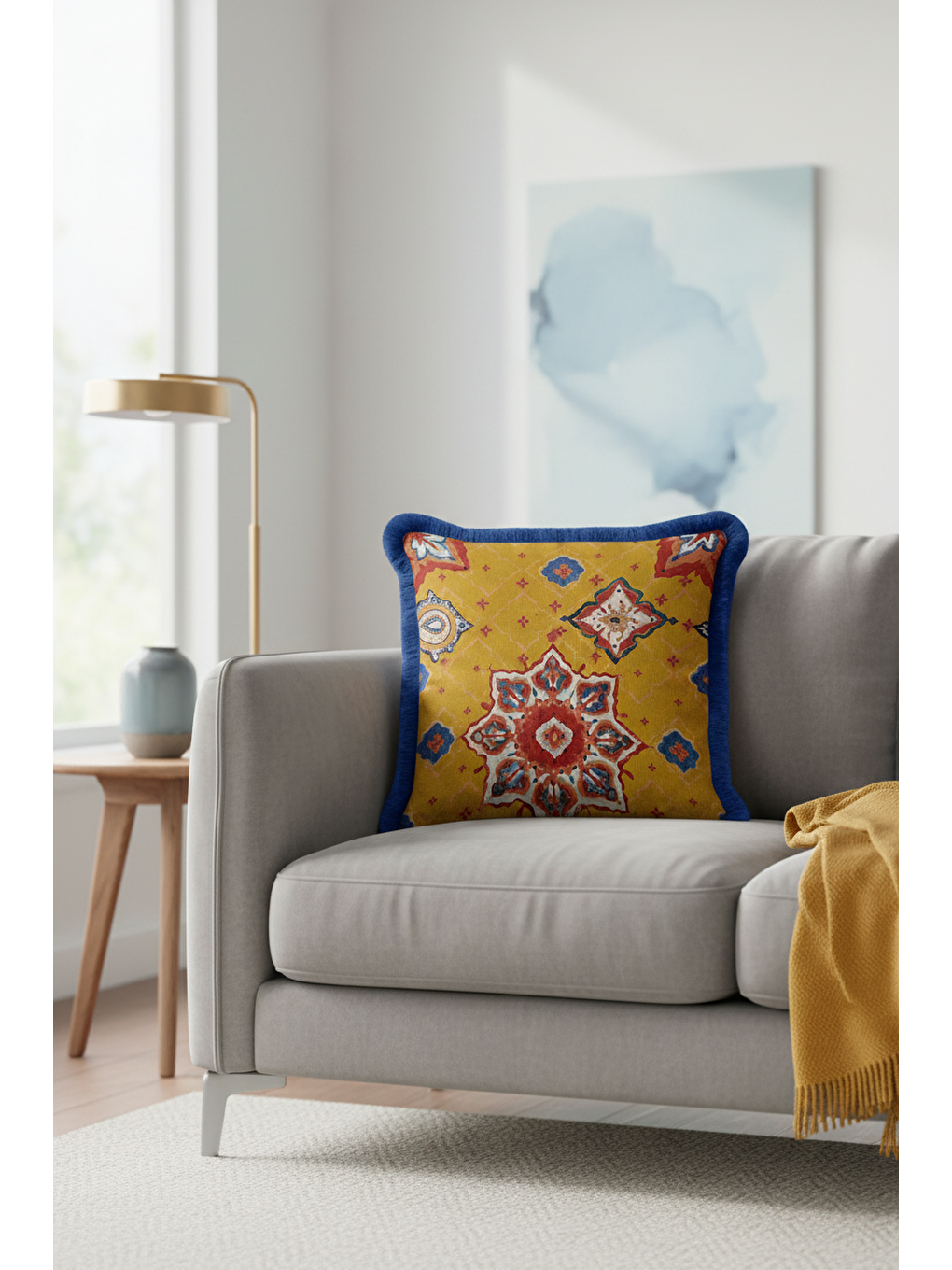 Karışık Oriental Mandala Motif Saçaklı Yastık Kılıfı - Etnik Sarı Lacivert Püsküllü Kırlent Kılıfı-2