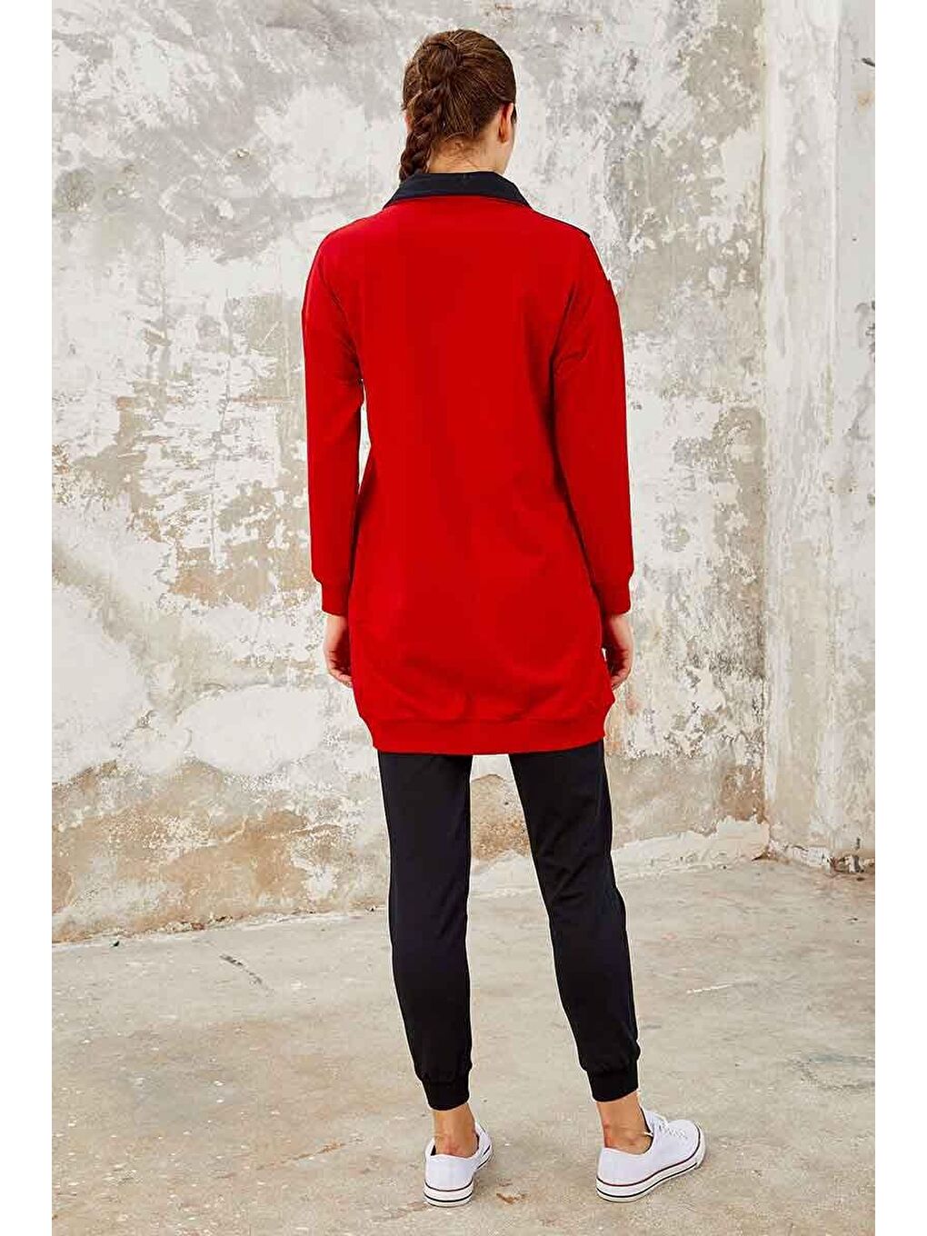 Kırmızı - Lacivert Dik Yaka Yarım Fermuar Rahat Form Jogger Kadın Eşofman Tunik Takım - 95234-2