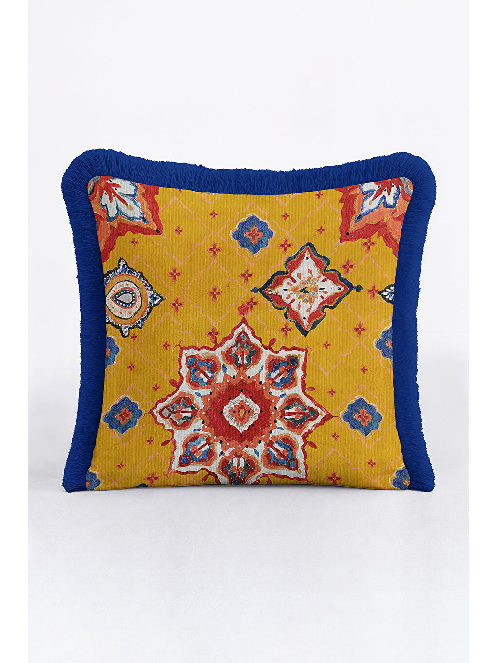 Karışık Oriental Mandala Motif Saçaklı Yastık Kılıfı - Etnik Sarı Lacivert Püsküllü Kırlent Kılıfı-3