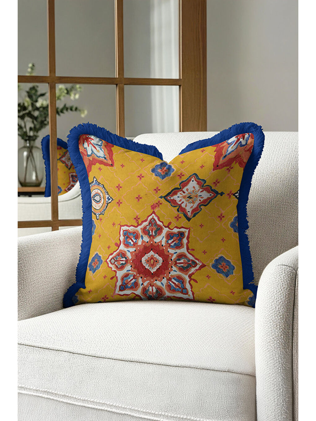 Karışık Oriental Mandala Motif Saçaklı Yastık Kılıfı - Etnik Sarı Lacivert Püsküllü Kırlent Kılıfı-4