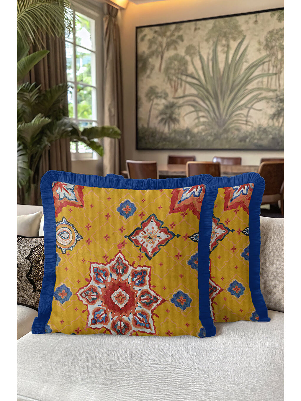 Karışık Oriental Mandala Motif Saçaklı Yastık Kılıfı - Etnik Sarı Lacivert Püsküllü Kırlent Kılıfı-5