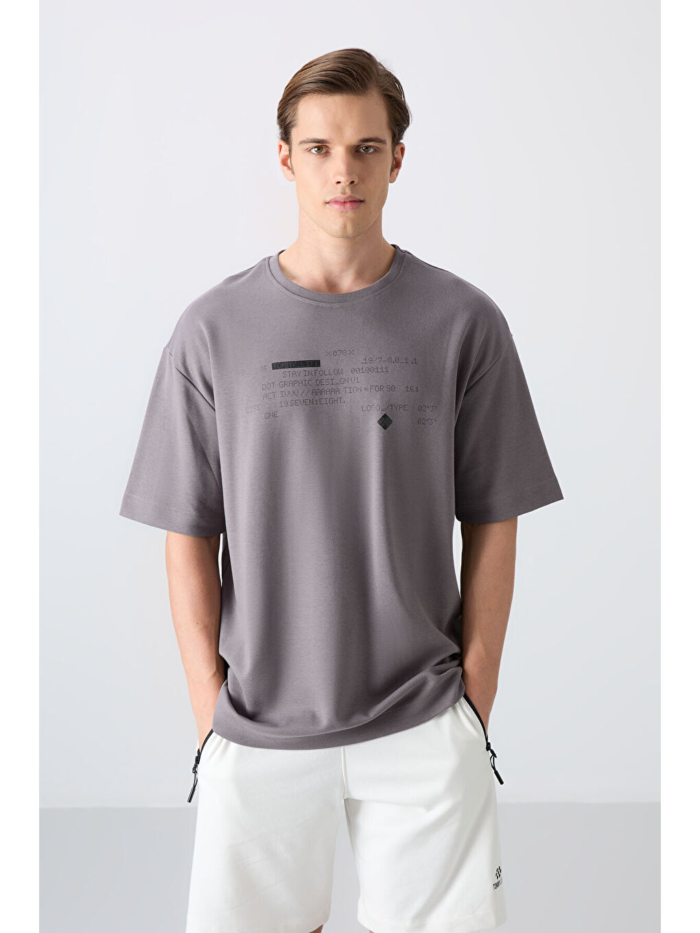 Koyu Gri Pamuklu Kalın Yumuşak Dokulu Oversize Fit Baskılı Erkek Tişört - 88326