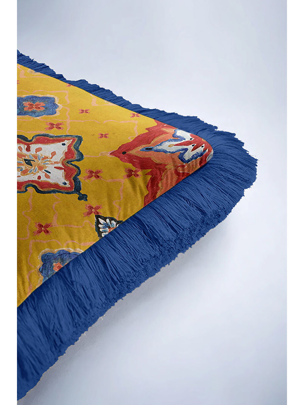 Karışık Oriental Mandala Motif Saçaklı Yastık Kılıfı - Etnik Sarı Lacivert Püsküllü Kırlent Kılıfı-6