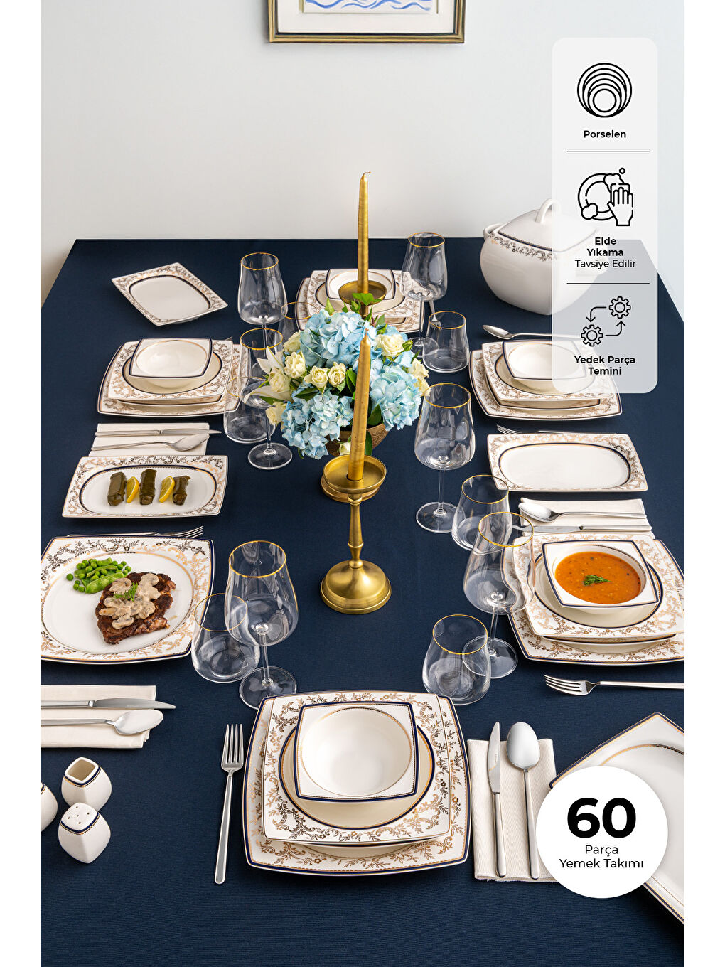 Beyaz Bade Cobalt 60 Parça 12 Kişilik Kare Yemek Takımı Fine Bone-2