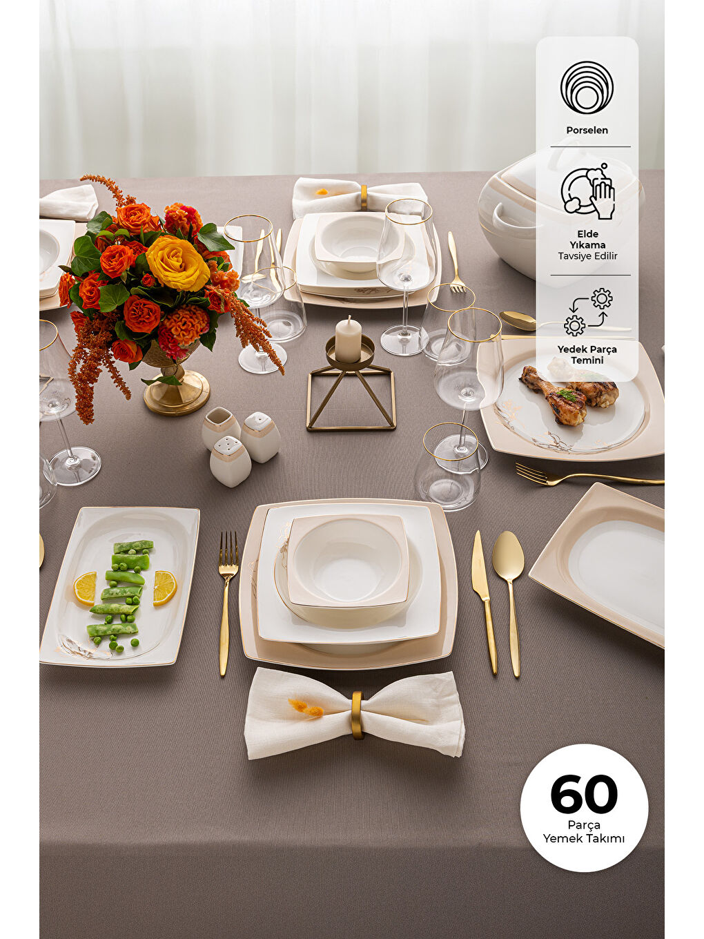 Beyaz Zambak 60 Parça 12 Kişilik Kare Yemek Takımı Fine Bone-2