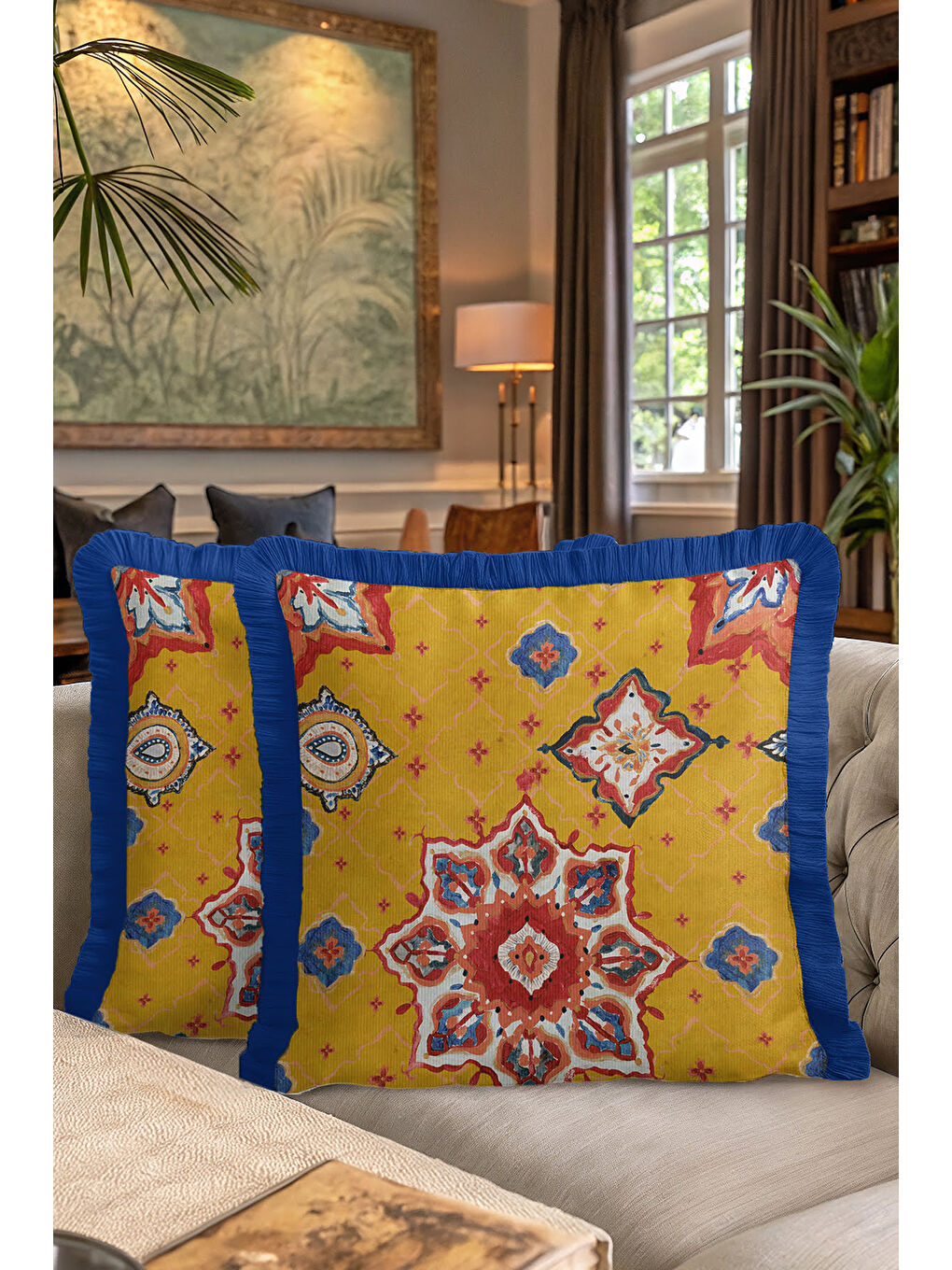Karışık Oriental Mandala Motif Saçaklı Yastık Kılıfı - Etnik Sarı Lacivert Püsküllü Kırlent Kılıfı-7