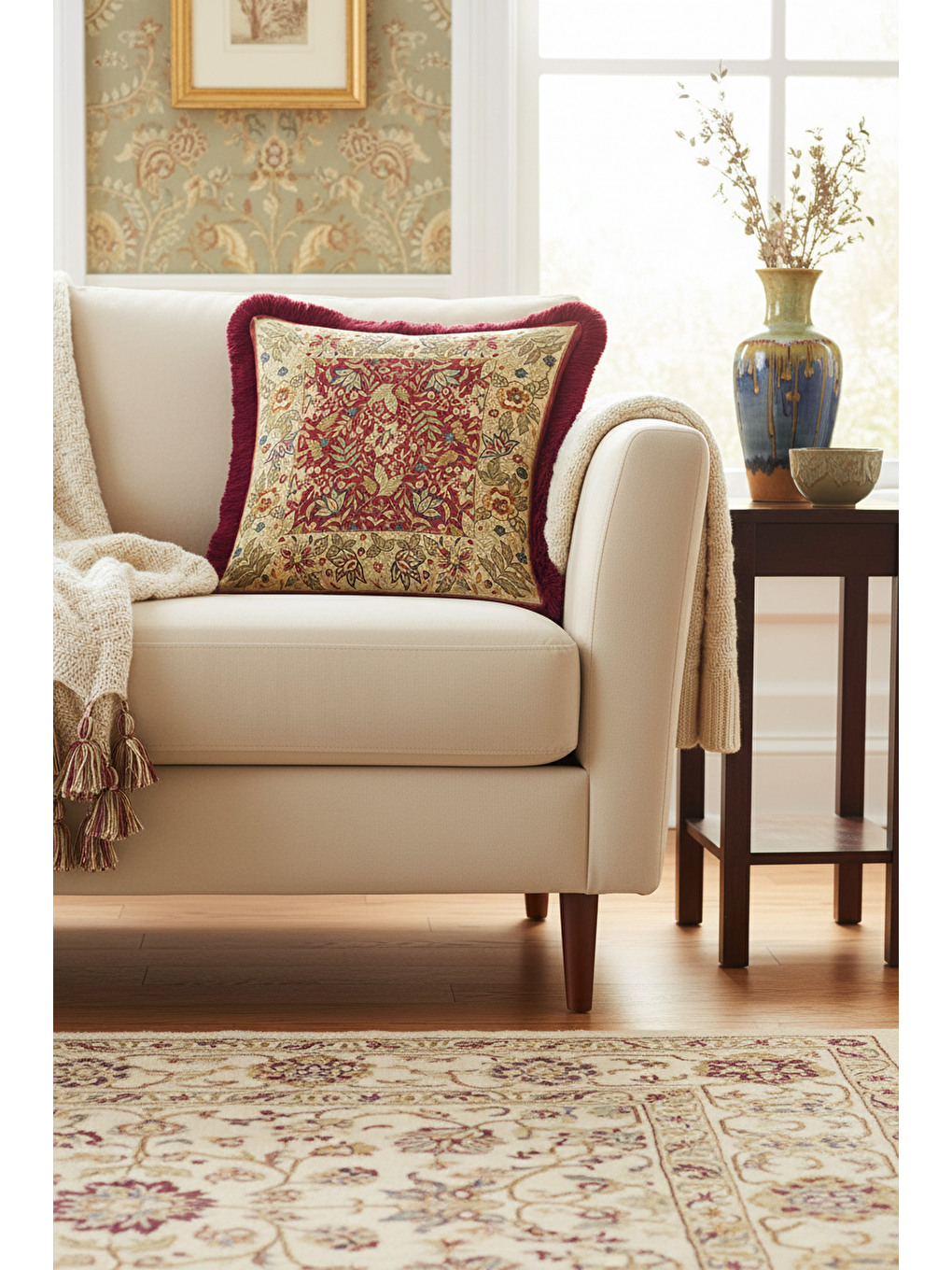 Karışık Barok Saçaklı Yastık Kılıfı - Klasik Vintage Rustik Kırmızı Altın Püsküllü Kırlent Kılıfı-2