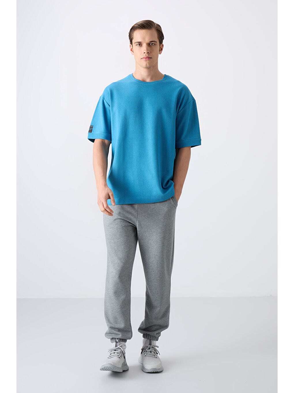 Petrol Mavi Pamuklu Kalın Yüzeyi Dokulu Oversize Fit Basic Erkek Tişört - 88339-2