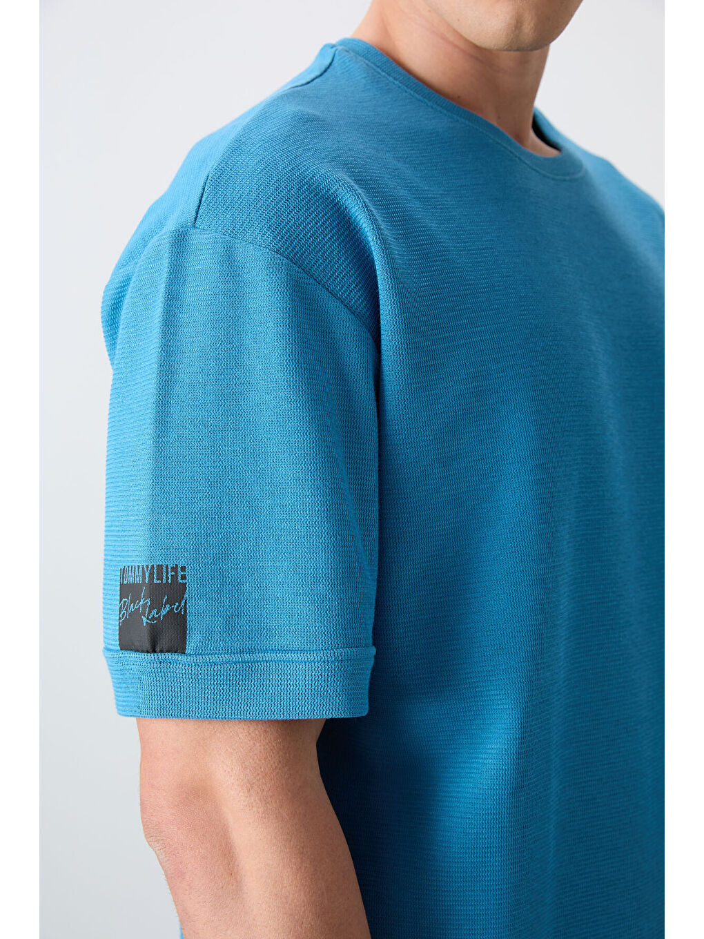 Petrol Mavi Pamuklu Kalın Yüzeyi Dokulu Oversize Fit Basic Erkek Tişört - 88339-3