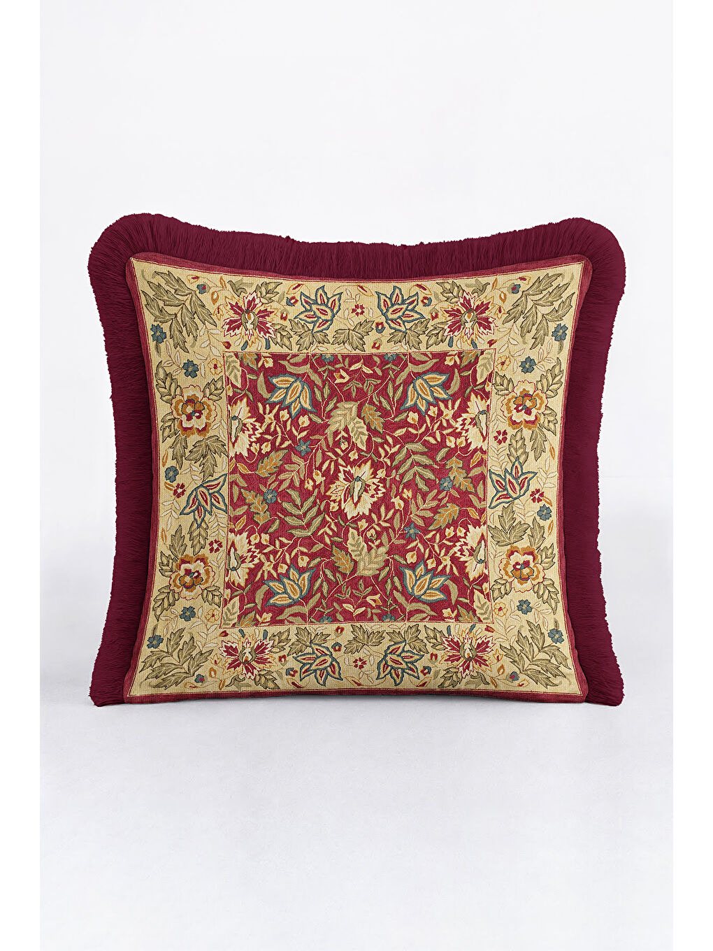 Karışık Barok Saçaklı Yastık Kılıfı - Klasik Vintage Rustik Kırmızı Altın Püsküllü Kırlent Kılıfı-3
