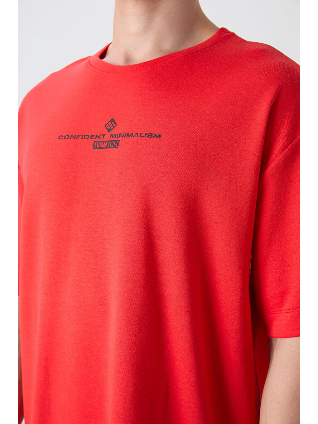 Kırmızı Pamuklu Kalın Yumuşak Dokulu Oversize Fit Baskılı Erkek Tişört - 88321-2