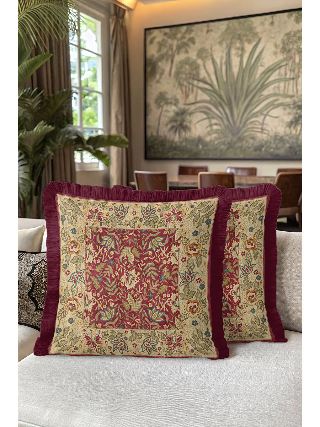 Karışık Barok Saçaklı Yastık Kılıfı - Klasik Vintage Rustik Kırmızı Altın Püsküllü Kırlent Kılıfı-5