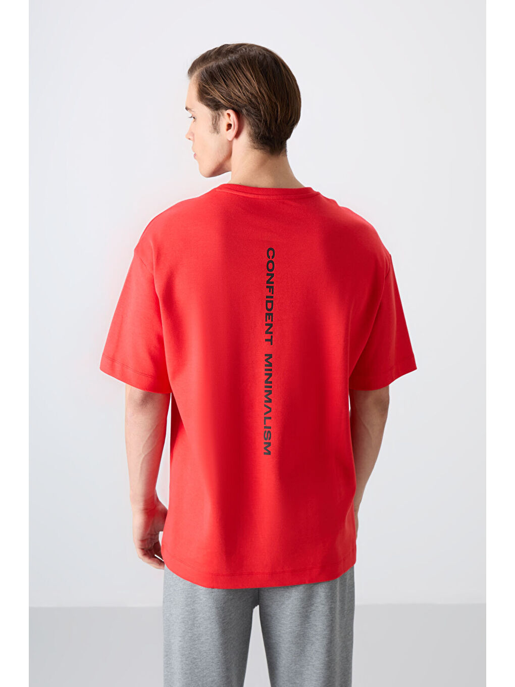 Kırmızı Pamuklu Kalın Yumuşak Dokulu Oversize Fit Baskılı Erkek Tişört - 88321-4