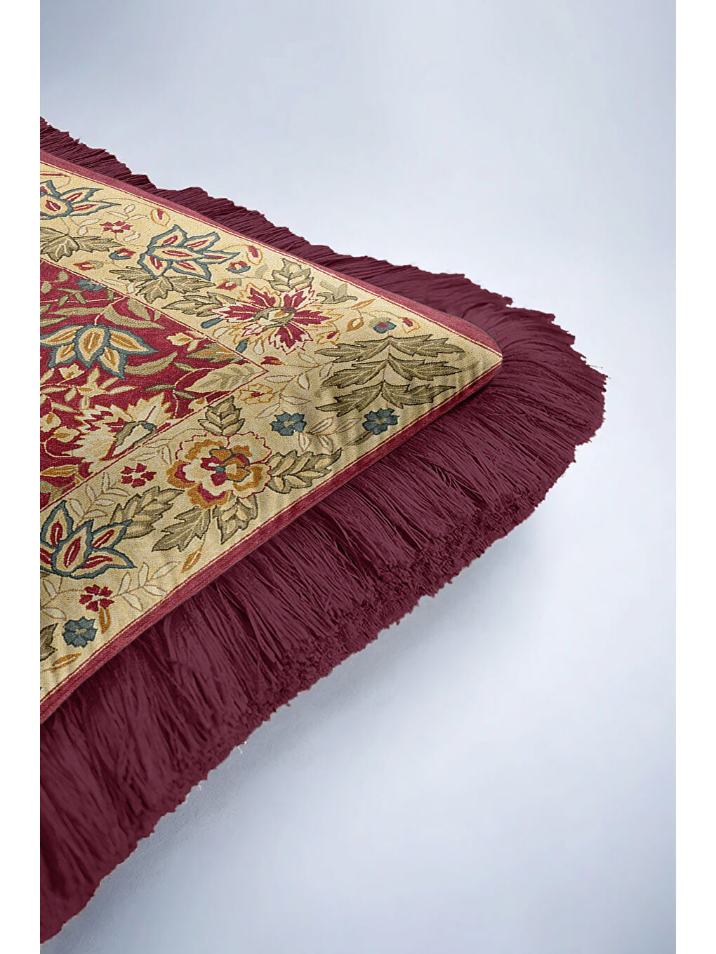 Karışık Barok Saçaklı Yastık Kılıfı - Klasik Vintage Rustik Kırmızı Altın Püsküllü Kırlent Kılıfı-6