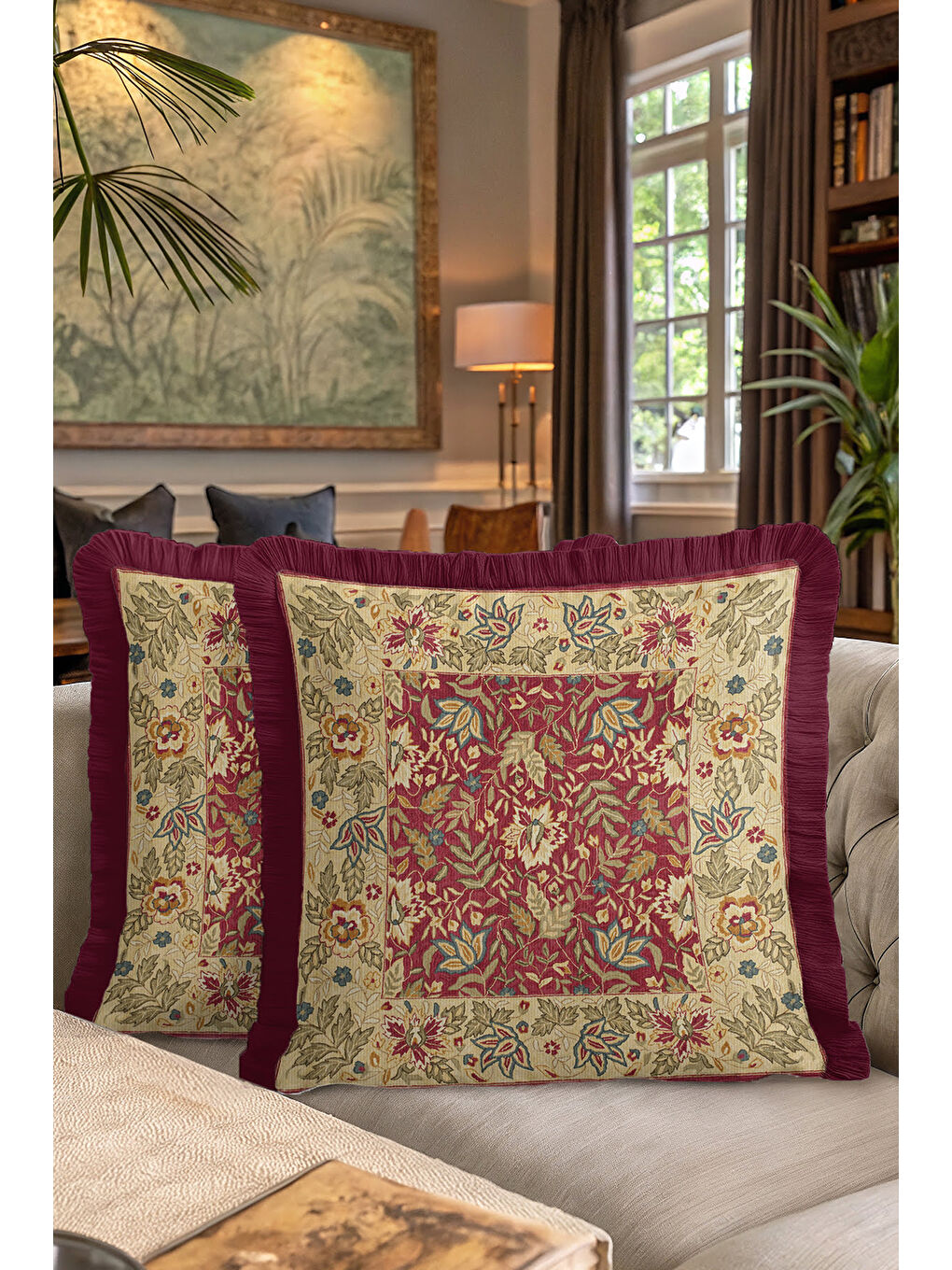 Karışık Barok Saçaklı Yastık Kılıfı - Klasik Vintage Rustik Kırmızı Altın Püsküllü Kırlent Kılıfı-7