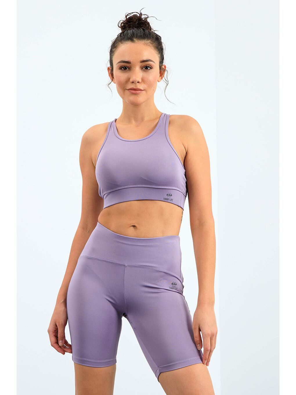 Mor Eflatun Yüksek Bel Toparlayıcı Slim Fit Büstiyer Biker Kadın Tayt Takım - 95303