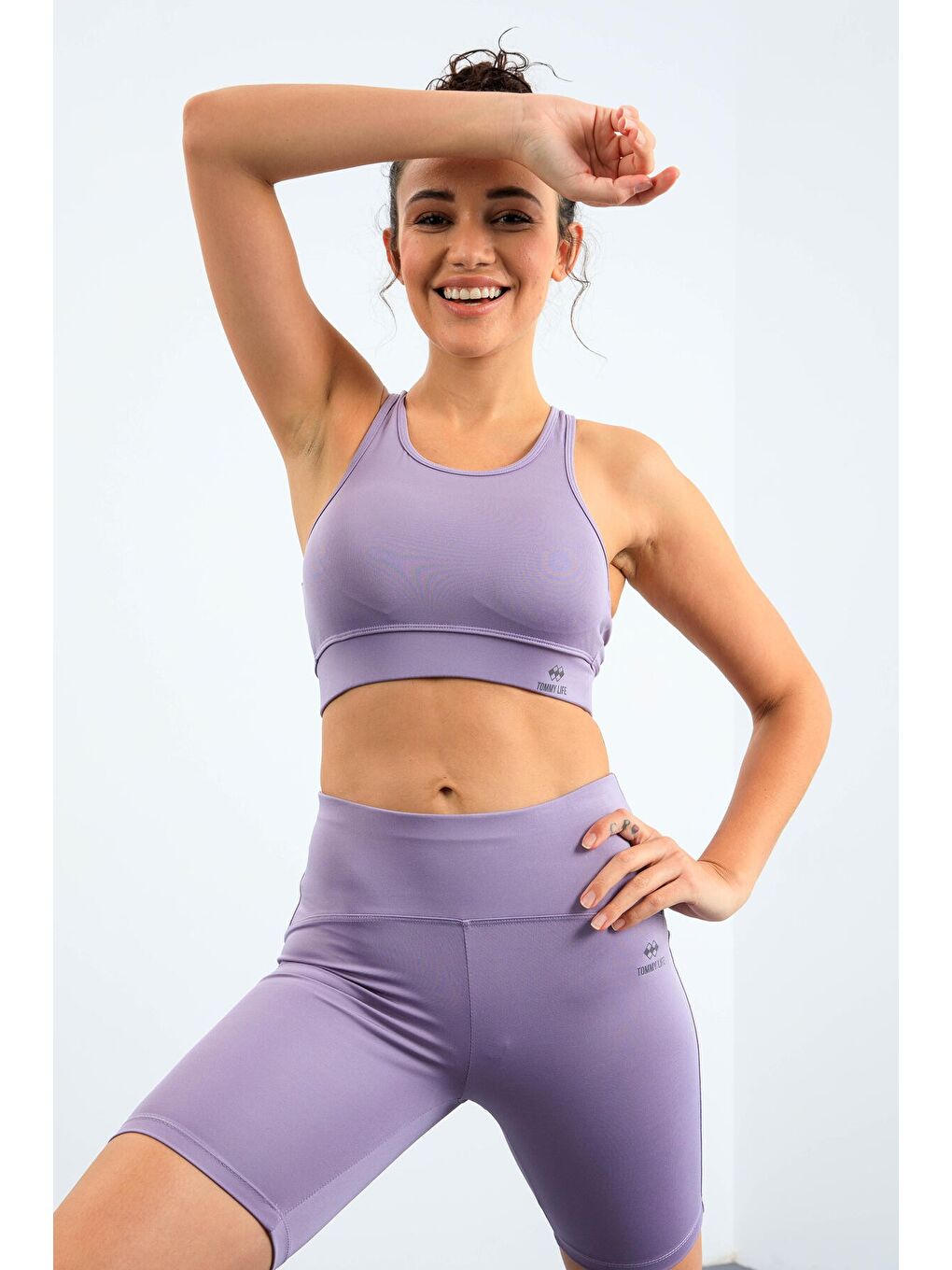 Mor Eflatun Yüksek Bel Toparlayıcı Slim Fit Büstiyer Biker Kadın Tayt Takım - 95303-3