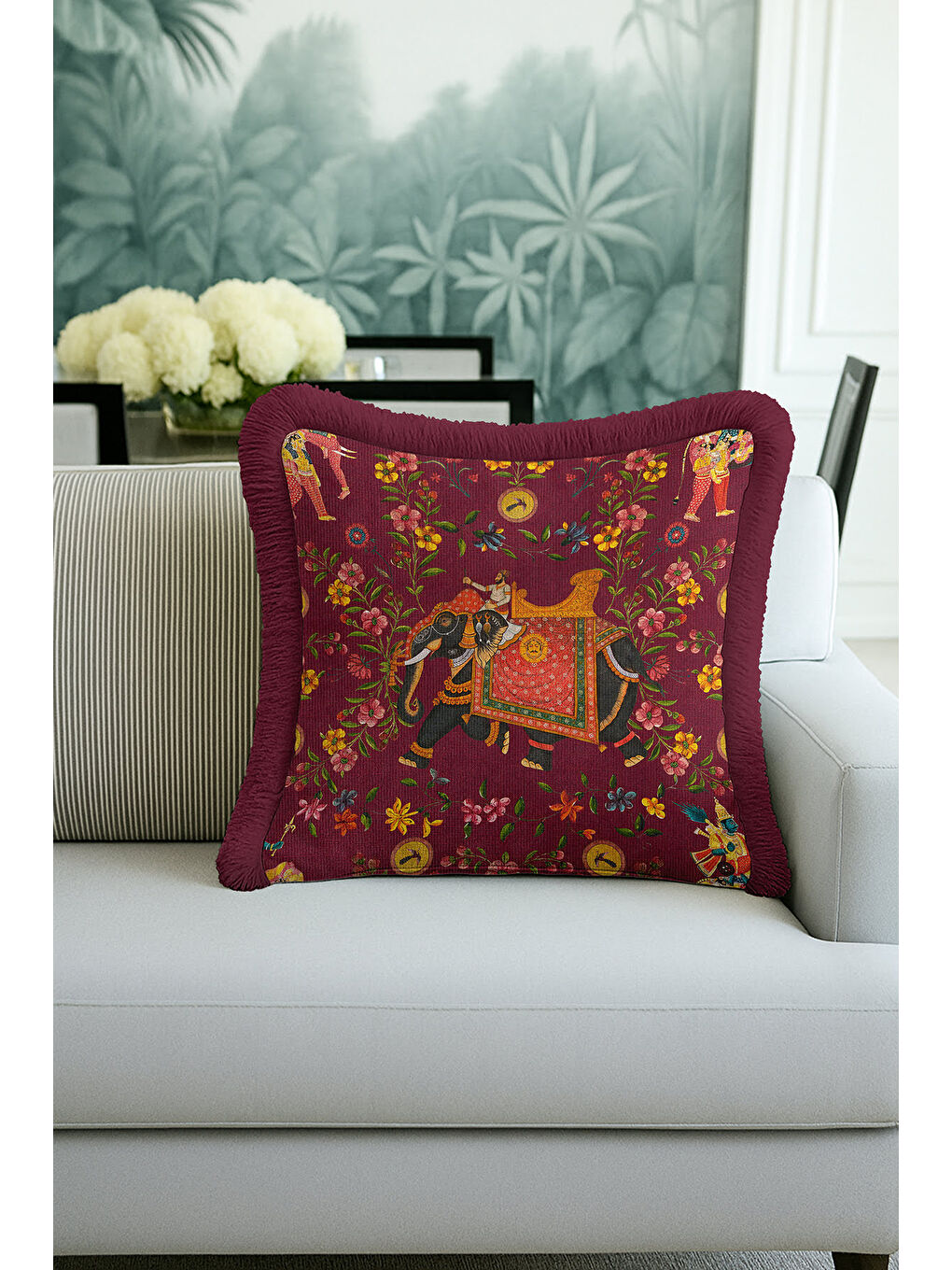Karışık Saray Esintili Saçaklı Yastık Kılıfı - Hint Motifli Bohem Bordo Altın Renkli Püsküllü Kırlent Kılıfı