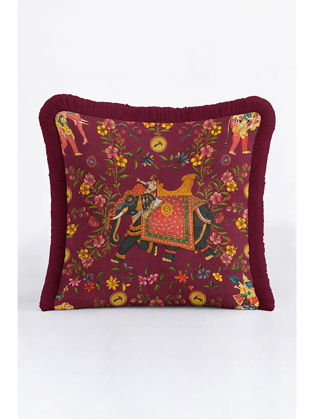 Karışık Saray Esintili Saçaklı Yastık Kılıfı - Hint Motifli Bohem Bordo Altın Renkli Püsküllü Kırlent Kılıfı-1
