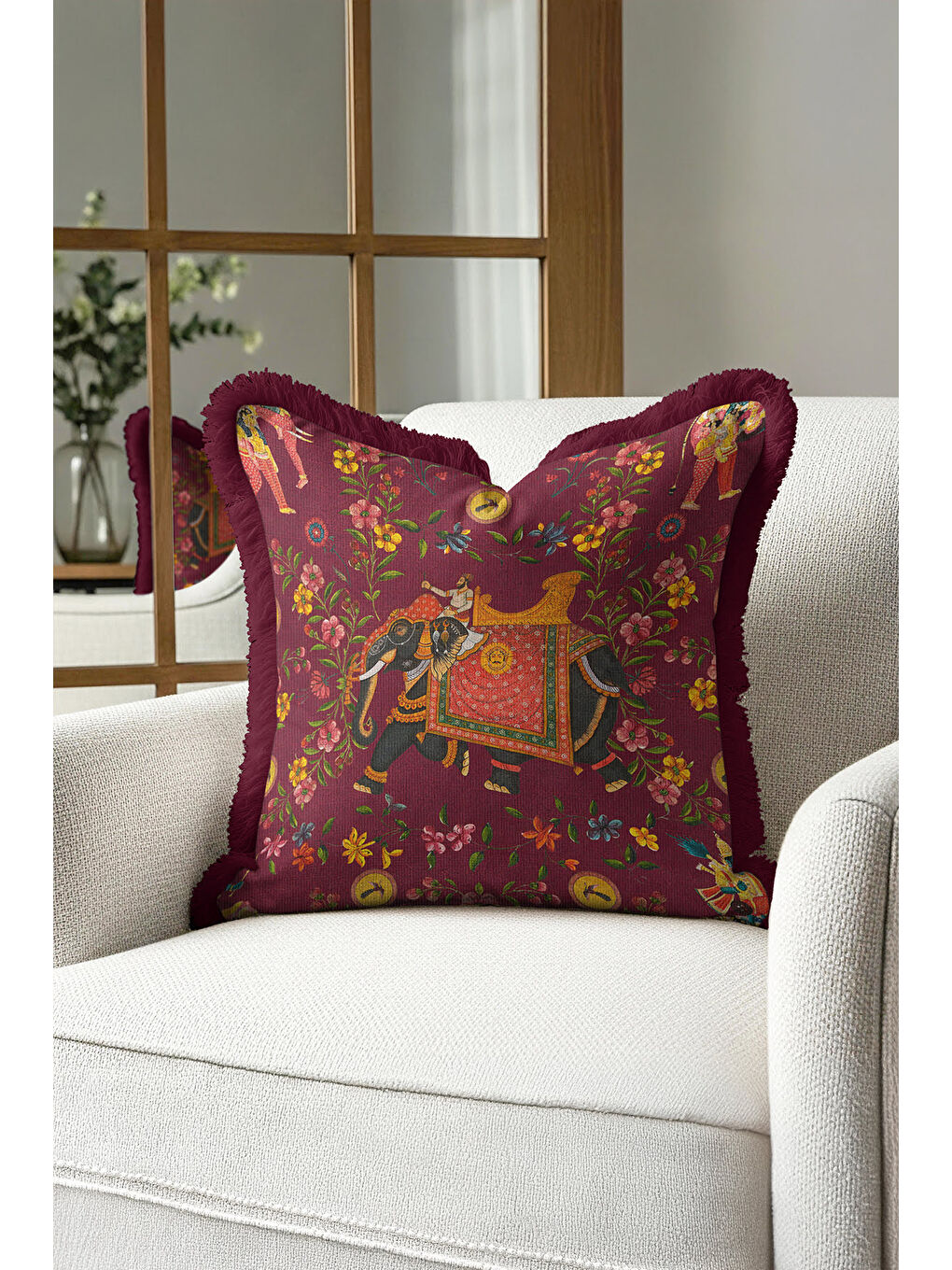 Karışık Saray Esintili Saçaklı Yastık Kılıfı - Hint Motifli Bohem Bordo Altın Renkli Püsküllü Kırlent Kılıfı-2