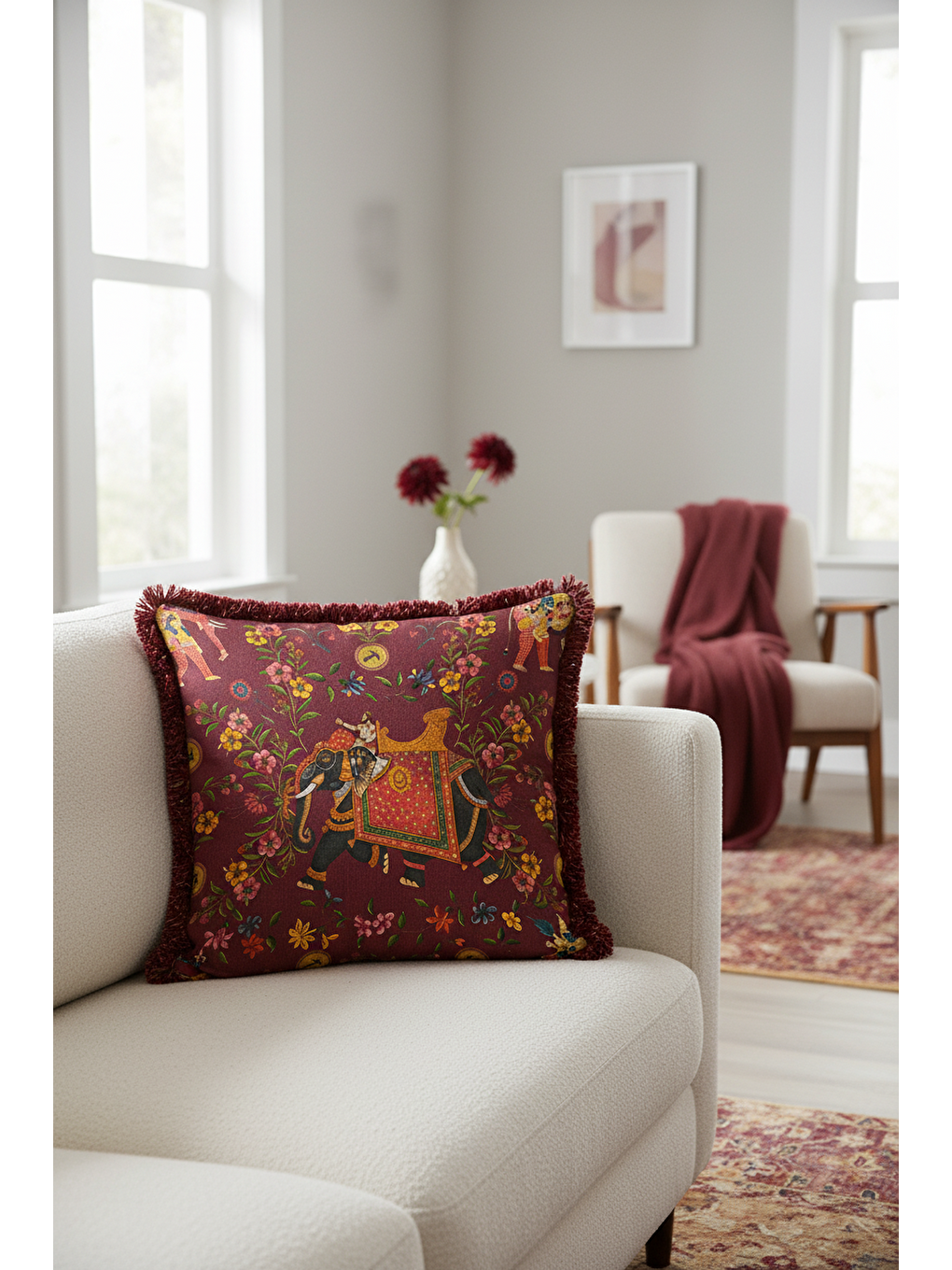 Karışık Saray Esintili Saçaklı Yastık Kılıfı - Hint Motifli Bohem Bordo Altın Renkli Püsküllü Kırlent Kılıfı-4
