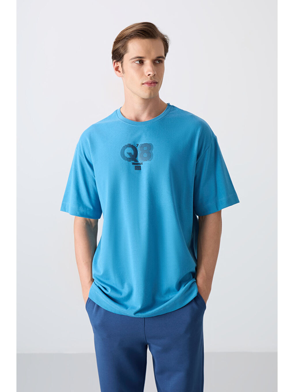 Petrol Mavi Pamuklu Kalın Yumuşak Dokulu Oversize Fit Baskılı Erkek Tişört - 88333-3