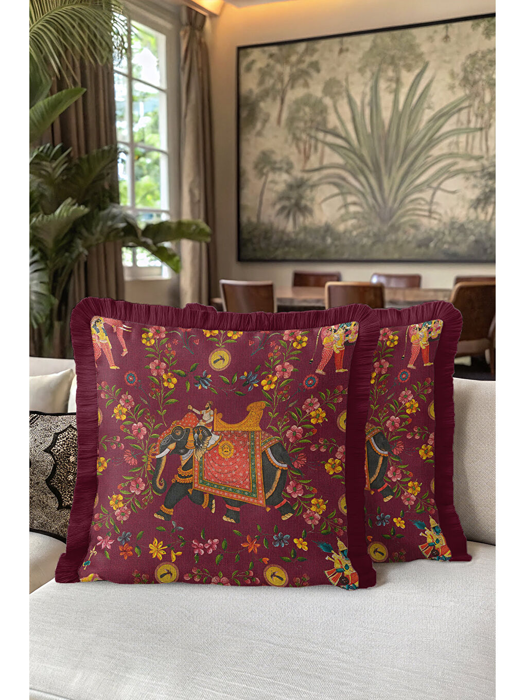 Karışık Saray Esintili Saçaklı Yastık Kılıfı - Hint Motifli Bohem Bordo Altın Renkli Püsküllü Kırlent Kılıfı-5