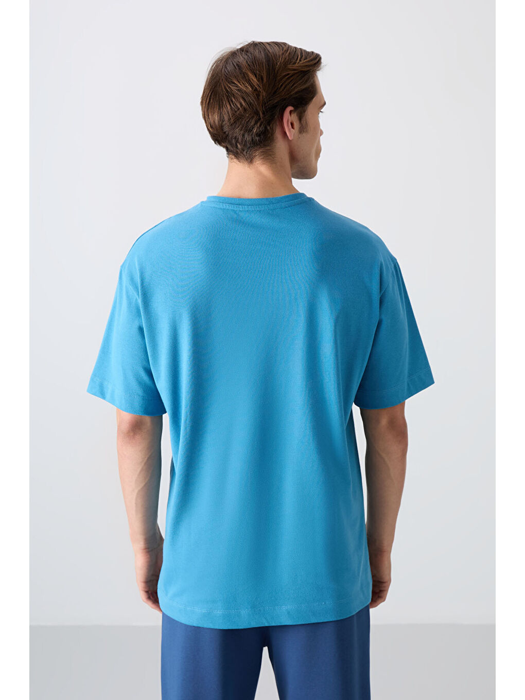 Petrol Mavi Pamuklu Kalın Yumuşak Dokulu Oversize Fit Baskılı Erkek Tişört - 88333-4