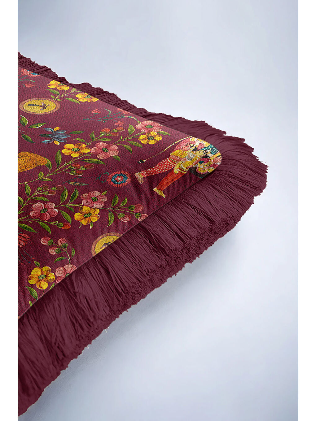 Karışık Saray Esintili Saçaklı Yastık Kılıfı - Hint Motifli Bohem Bordo Altın Renkli Püsküllü Kırlent Kılıfı-6