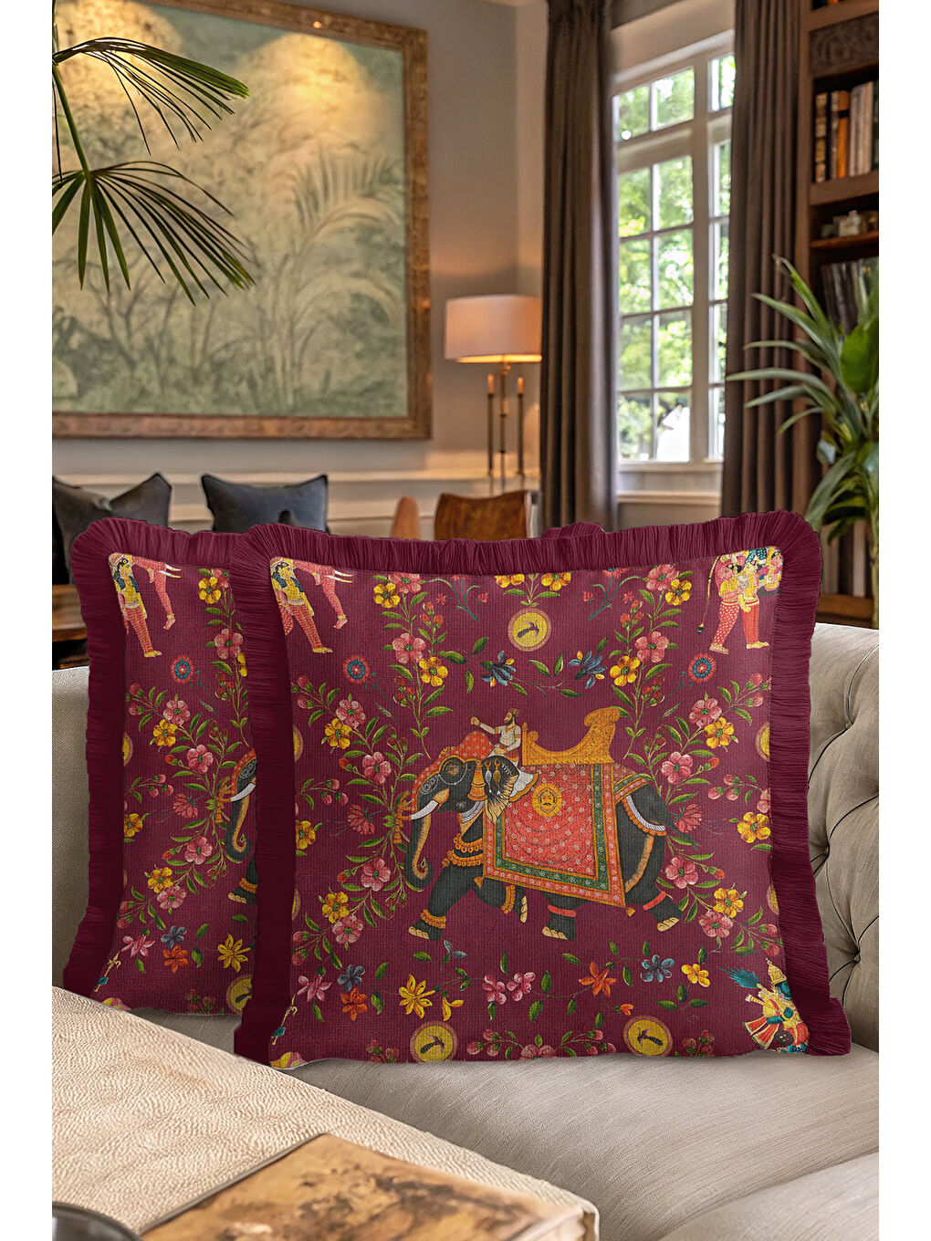 Karışık Saray Esintili Saçaklı Yastık Kılıfı - Hint Motifli Bohem Bordo Altın Renkli Püsküllü Kırlent Kılıfı-7