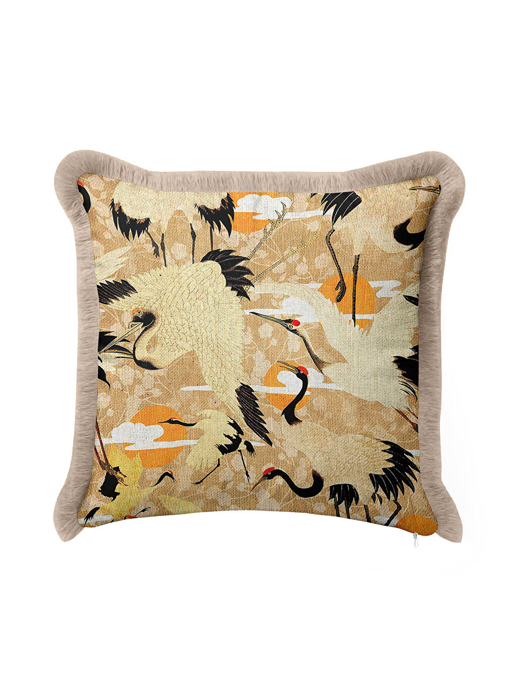 Karışık Japon İnce Kuş Motif Saçaklı Yastık Kılıfı - Doğu Esintili Bej Altın Renkli Püsküllü Kırlent Kılıfı-2