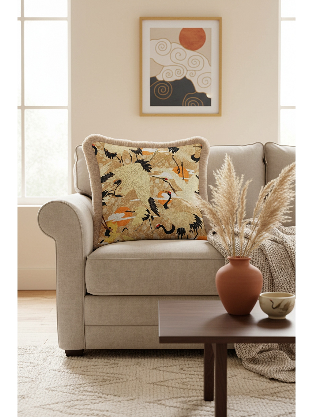 Karışık Japon İnce Kuş Motif Saçaklı Yastık Kılıfı - Doğu Esintili Bej Altın Renkli Püsküllü Kırlent Kılıfı-3