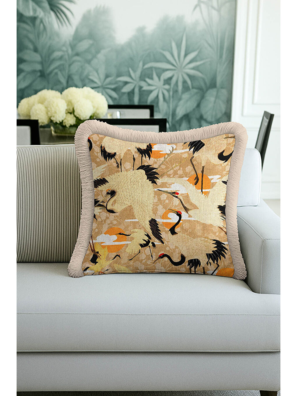 Karışık Japon İnce Kuş Motif Saçaklı Yastık Kılıfı - Doğu Esintili Bej Altın Renkli Püsküllü Kırlent Kılıfı-4