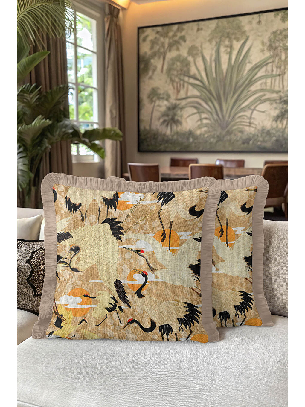 Karışık Japon İnce Kuş Motif Saçaklı Yastık Kılıfı - Doğu Esintili Bej Altın Renkli Püsküllü Kırlent Kılıfı-5
