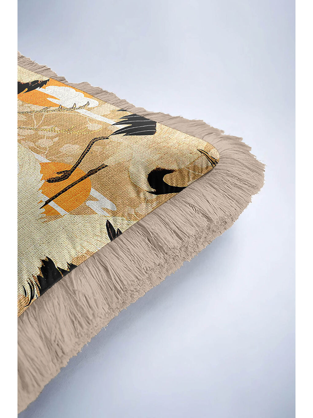 Karışık Japon İnce Kuş Motif Saçaklı Yastık Kılıfı - Doğu Esintili Bej Altın Renkli Püsküllü Kırlent Kılıfı-6