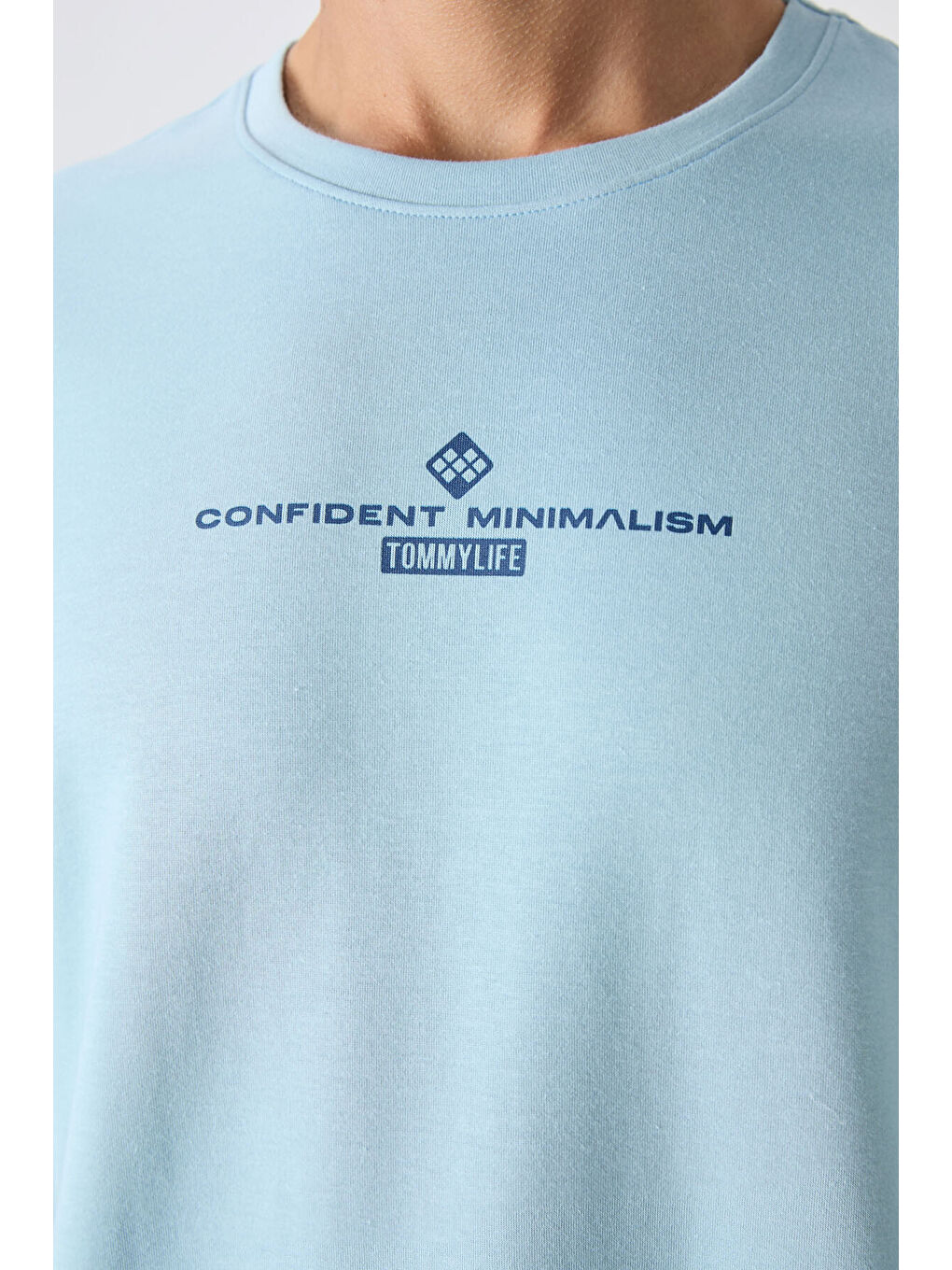 Açık Mavi Pamuklu Kalın Yumuşak Dokulu Oversize Fit Baskılı Erkek Tişört - 88321-1