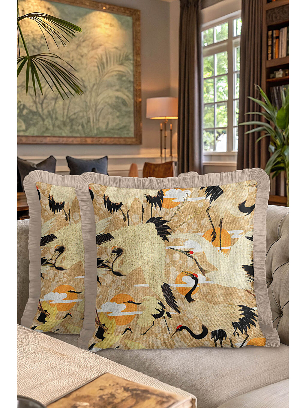 Karışık Japon İnce Kuş Motif Saçaklı Yastık Kılıfı - Doğu Esintili Bej Altın Renkli Püsküllü Kırlent Kılıfı-7