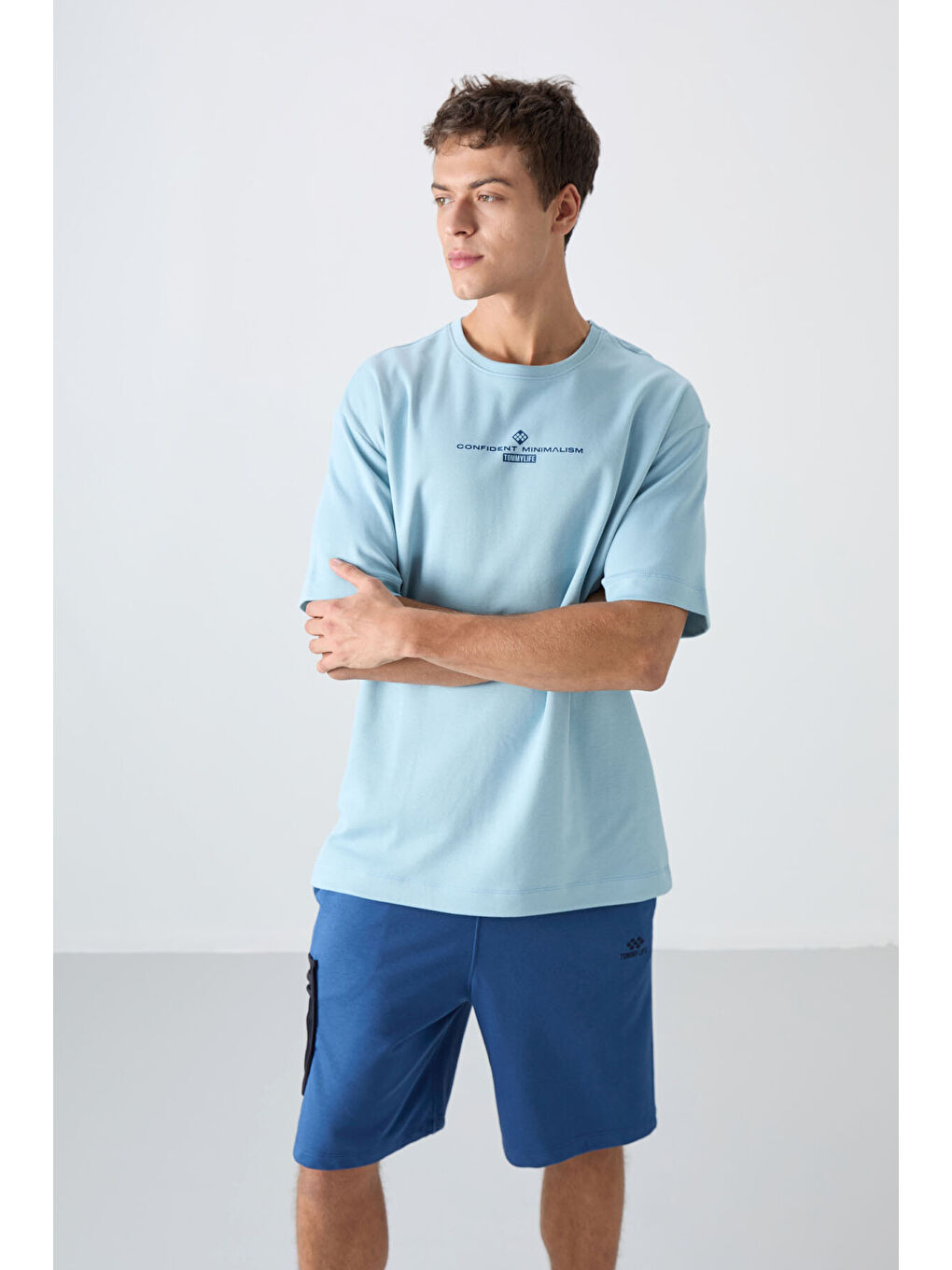 Açık Mavi Pamuklu Kalın Yumuşak Dokulu Oversize Fit Baskılı Erkek Tişört - 88321-3