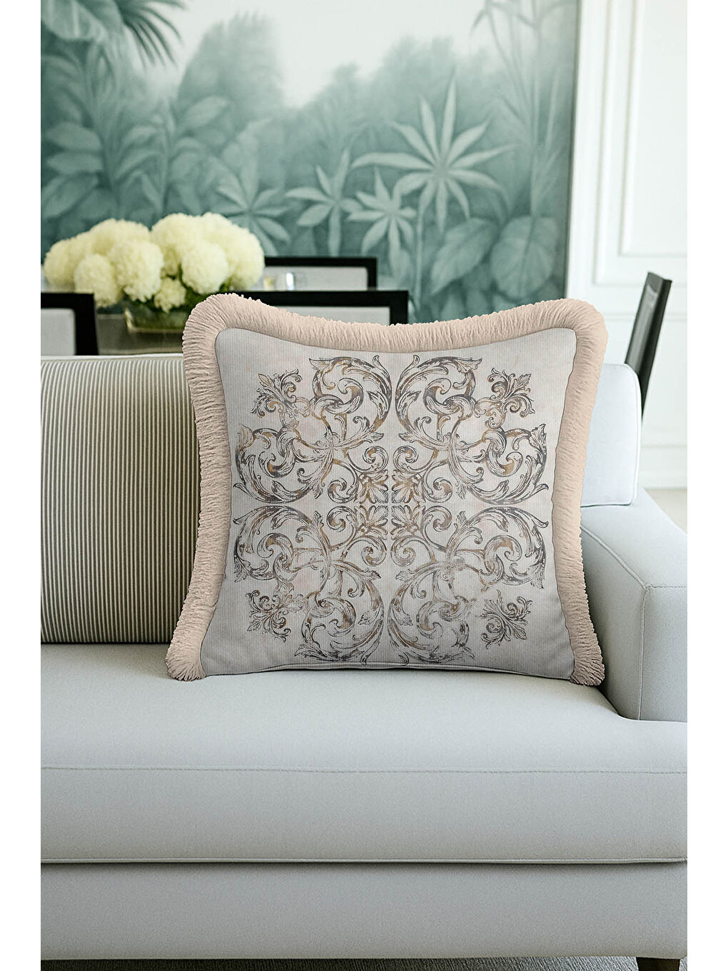 Karışık Barok Şıklık Saçaklı Yastık Kılıfı - Klasik Rustik Bej Altın Renkli Püsküllü Kırlent Kılıfı