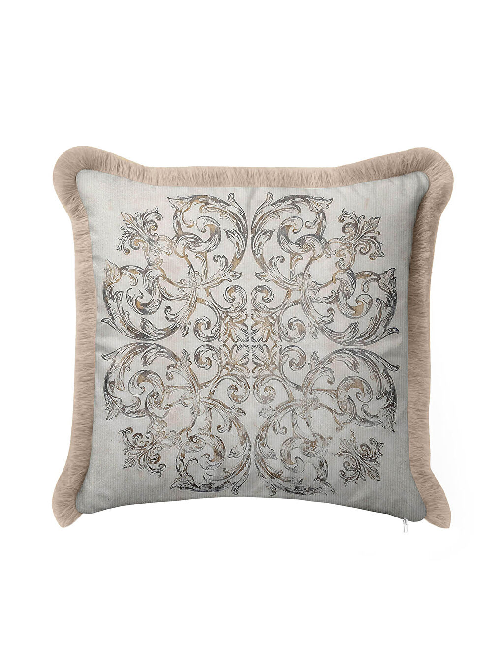 Karışık Barok Şıklık Saçaklı Yastık Kılıfı - Klasik Rustik Bej Altın Renkli Püsküllü Kırlent Kılıfı-1