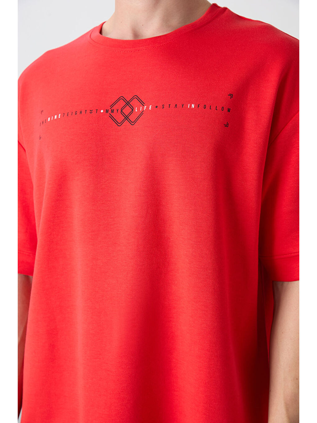 Kırmızı Pamuklu Kalın Yumuşak Dokulu Oversize Fit Baskılı Erkek Tişört - 88323-2