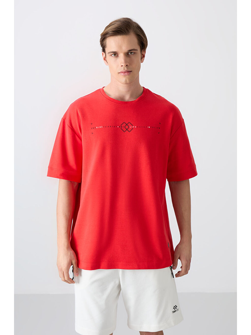 Kırmızı Pamuklu Kalın Yumuşak Dokulu Oversize Fit Baskılı Erkek Tişört - 88323-3