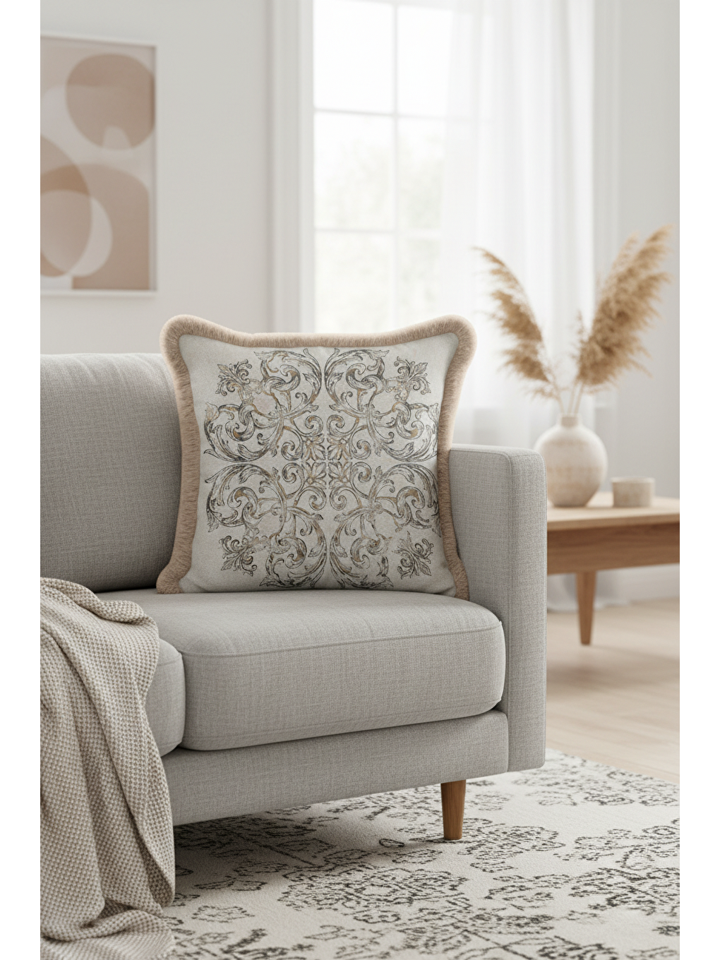 Karışık Barok Şıklık Saçaklı Yastık Kılıfı - Klasik Rustik Bej Altın Renkli Püsküllü Kırlent Kılıfı-2