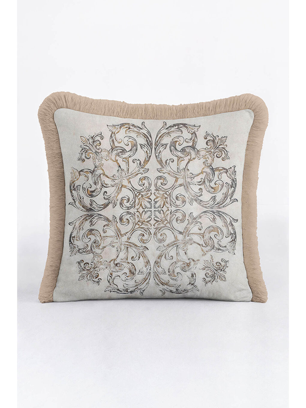 Karışık Barok Şıklık Saçaklı Yastık Kılıfı - Klasik Rustik Bej Altın Renkli Püsküllü Kırlent Kılıfı-3