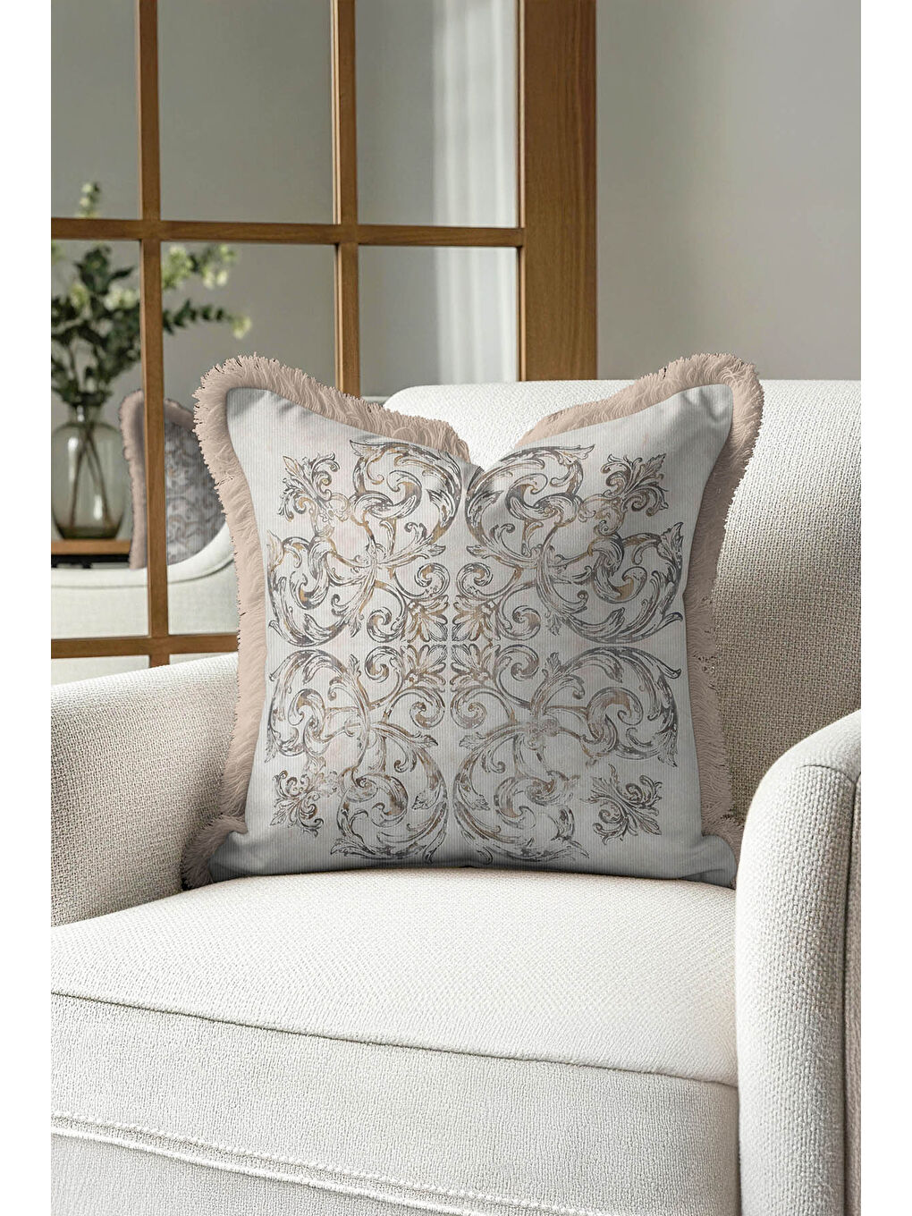 Karışık Barok Şıklık Saçaklı Yastık Kılıfı - Klasik Rustik Bej Altın Renkli Püsküllü Kırlent Kılıfı-4