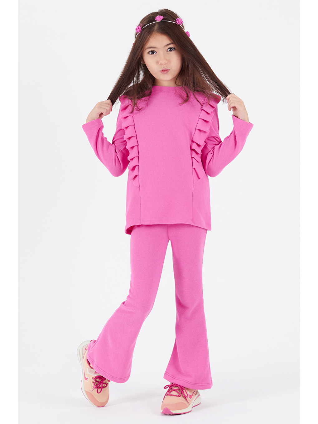 Pembe Kız Çocuk İspanyol Paça Fırfırlı Takım 14637-2